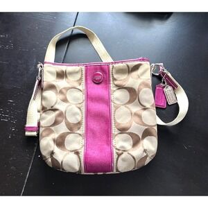 Coach Crossbody F21905 Khaki Signature C Pink Stripe Canvas Bag w 2 Coach Tags